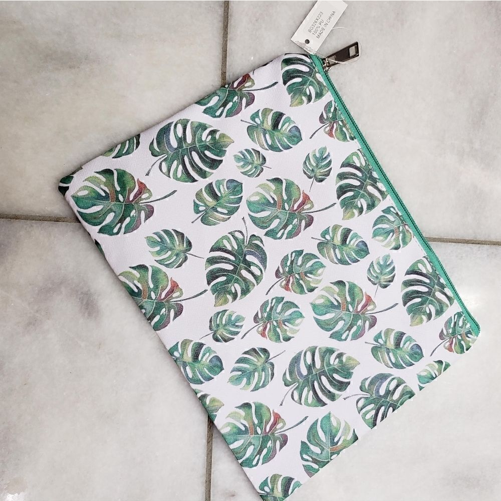 BIJORCA Green White Monstera Leaves Zippered Canvas Pouch NEW